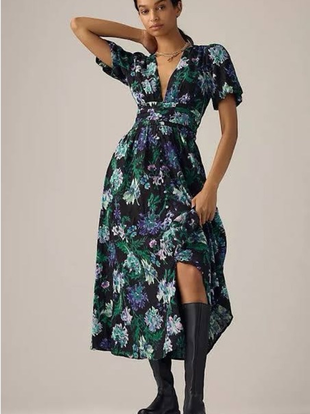 Anthropologie Katerina Button-Front Floral High-Low V-Neck Dress